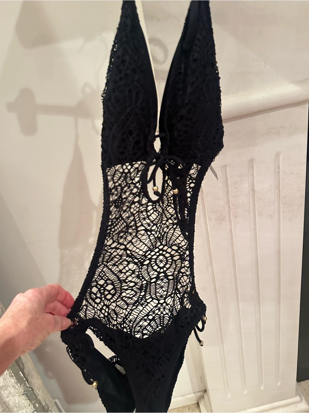 Ralph Lauren Black Crochet One-Piece Swimsuit Small NWT